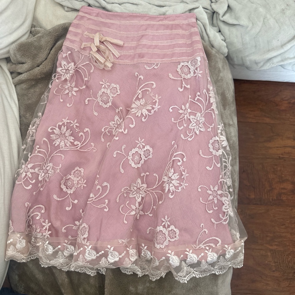 Pink floral embroidered vintage midi skirt